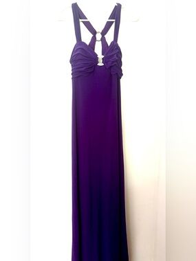 Morgan 4 Ever Purple Ruched Halter Maxi Dress with Rhinestone Ring